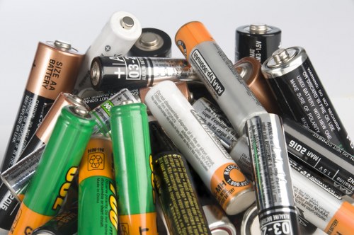 A close-up photograph of a pile of various used batteries, including AA, AAA, and C types, with different brands and colors such as green, black, silver, and orange. The batteries are scattered randomly, some lying flat while others are angled or partially stacked. The textures of the batteries include smooth, metallic, and plastic surfaces, with visible text and symbols indicating specifications and brand names. The background is a neutral light surface, emphasizing the details of the batteries, which are relevant to waste disposal and recycling services. The image depicts waste materials commonly handled by businesses like Business Waste Removal Richmond, serving the Richmond area, possibly within the postcode region inferred from the webpage. The scene is well-lit, highlighting the details and contrasts of the batteries against the plain background, suitable for illustrating waste management and rubbish removal for battery disposal in the local area.